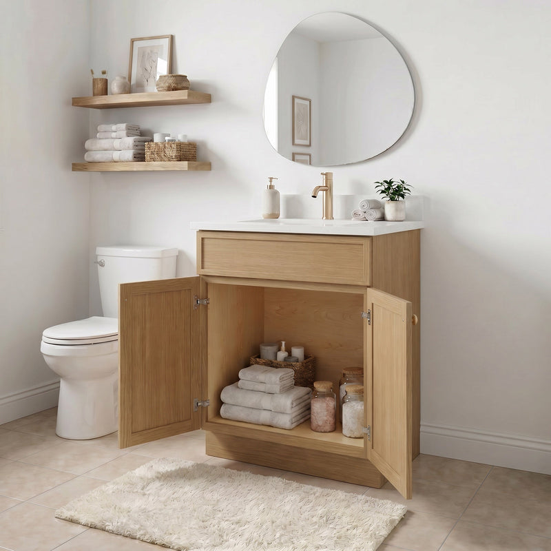 24" White Oak Slim Shaker Bathroom Vanity with Quartz Top