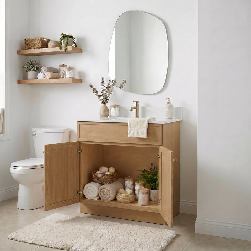 30" White Oak Slim Shaker Bathroom Vanity with Quartz Top