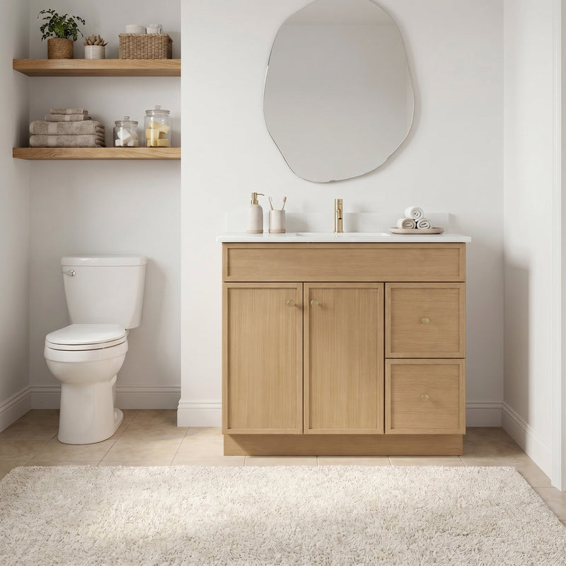 36" White Oak Slim Shaker Bathroom Vanity with Quartz Top