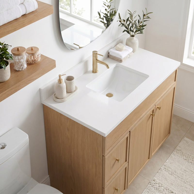 42" White Oak Slim Shaker Bathroom Vanity with Quartz Top