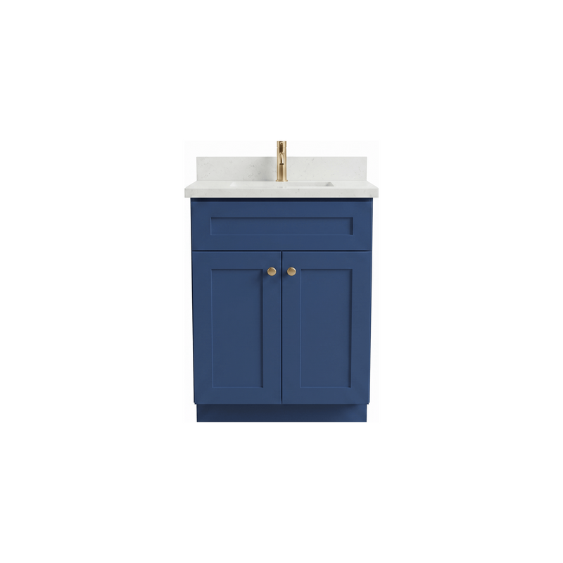 24" Navy Blue Shaker Bathroom Vanity with Quartz Top – Single Sink