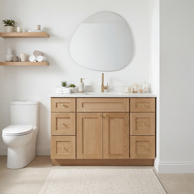 48" White Oak Shaker Bathroom Vanity with Quartz Top – Single Sink