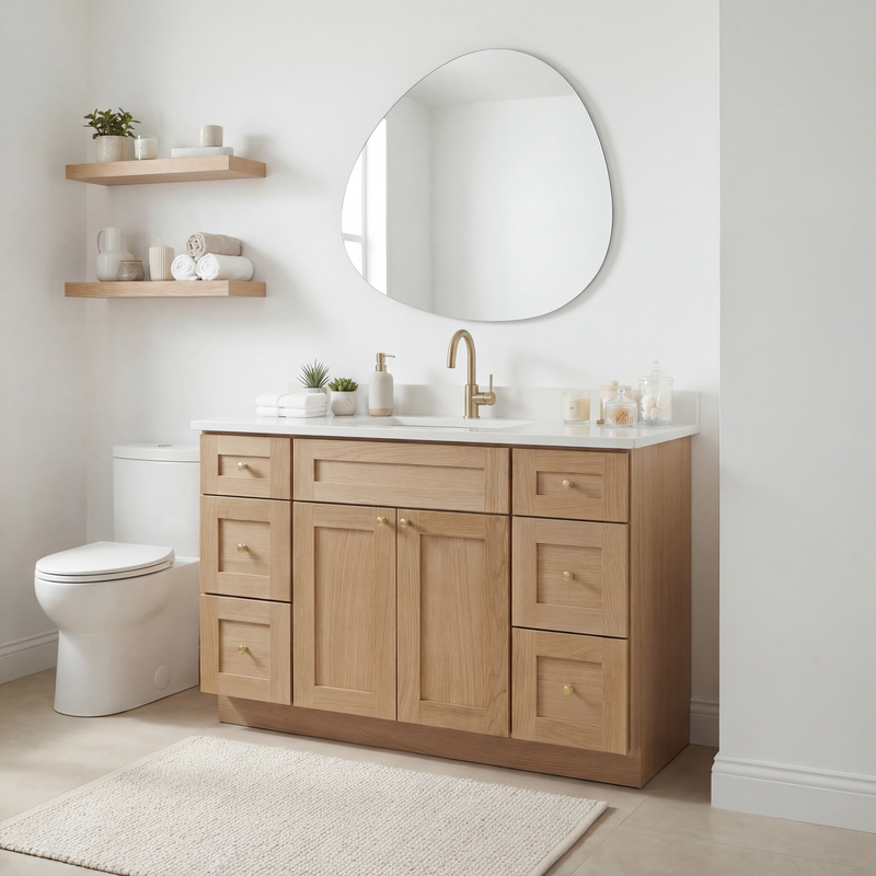 48" White Oak Shaker Bathroom Vanity with Quartz Top – Single Sink