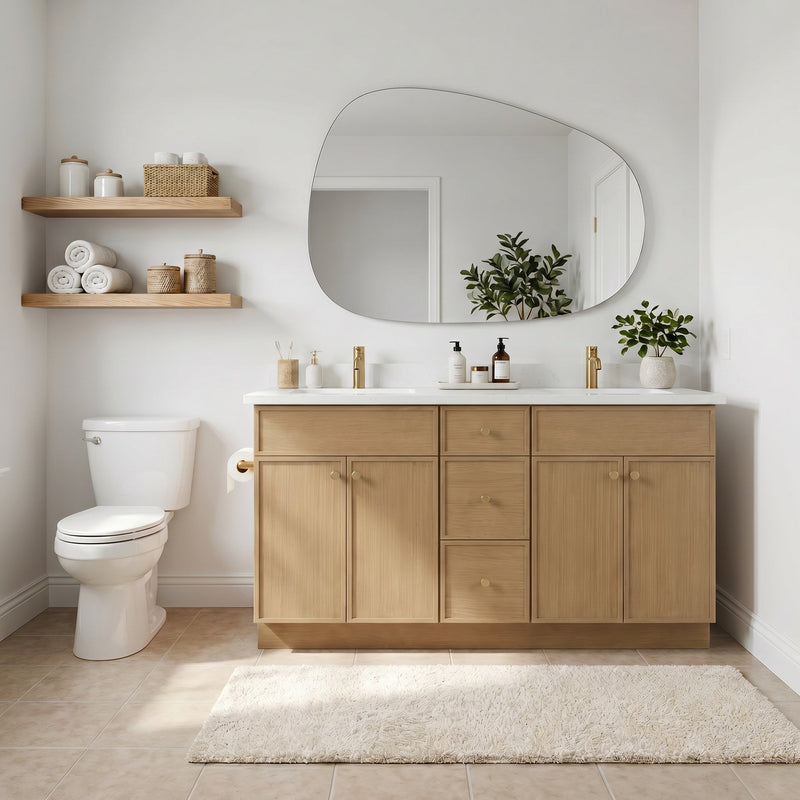 60" White Oak Slim Shaker Bathroom Vanity with Quartz Top – Double Sink