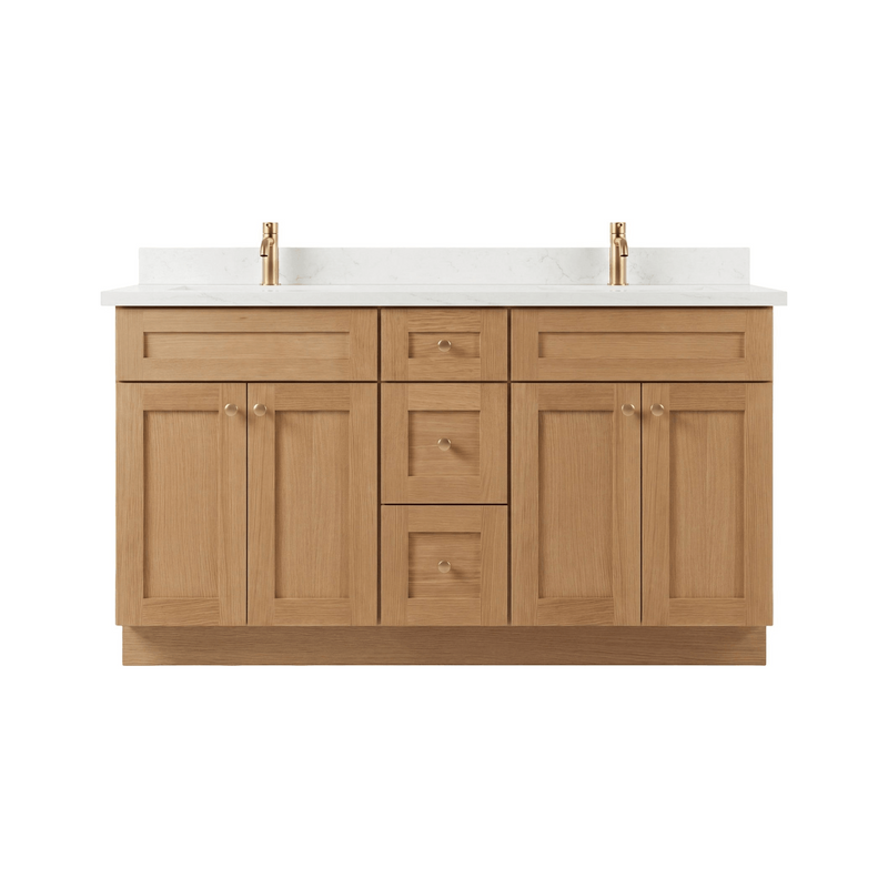 60" White Oak Shaker Bathroom Vanity with Quartz Top – Double Sink