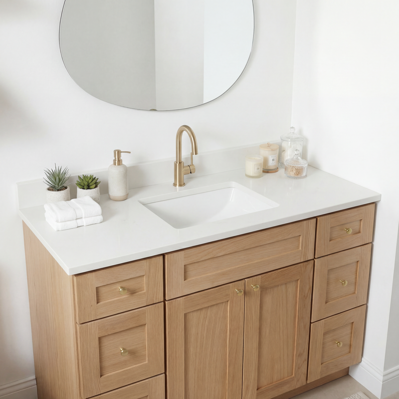 48" White Oak Shaker Bathroom Vanity with Quartz Top – Single Sink