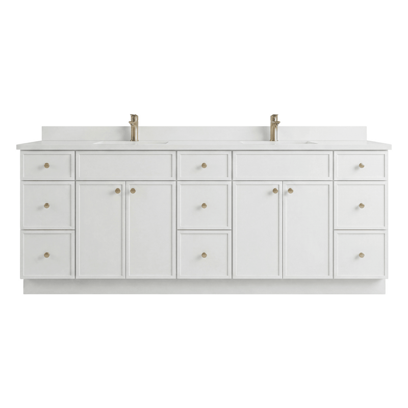 84" White Slim Shaker Bathroom Vanity with Quartz Top – 9 Drawers