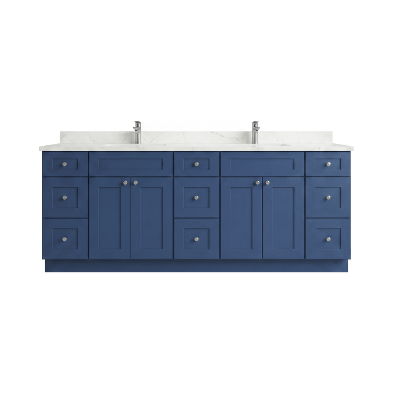 84" Navy Blue Shaker Bathroom Vanity with Quartz Top – Double Sink