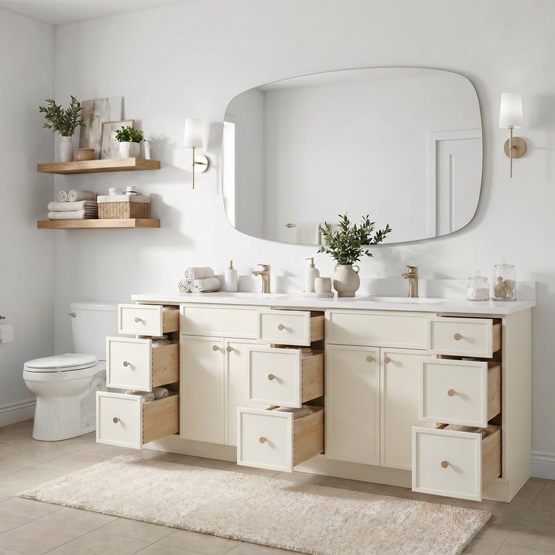 84" Off White Slim Shaker Bathroom Vanity with Quartz Top – 9 Drawers
