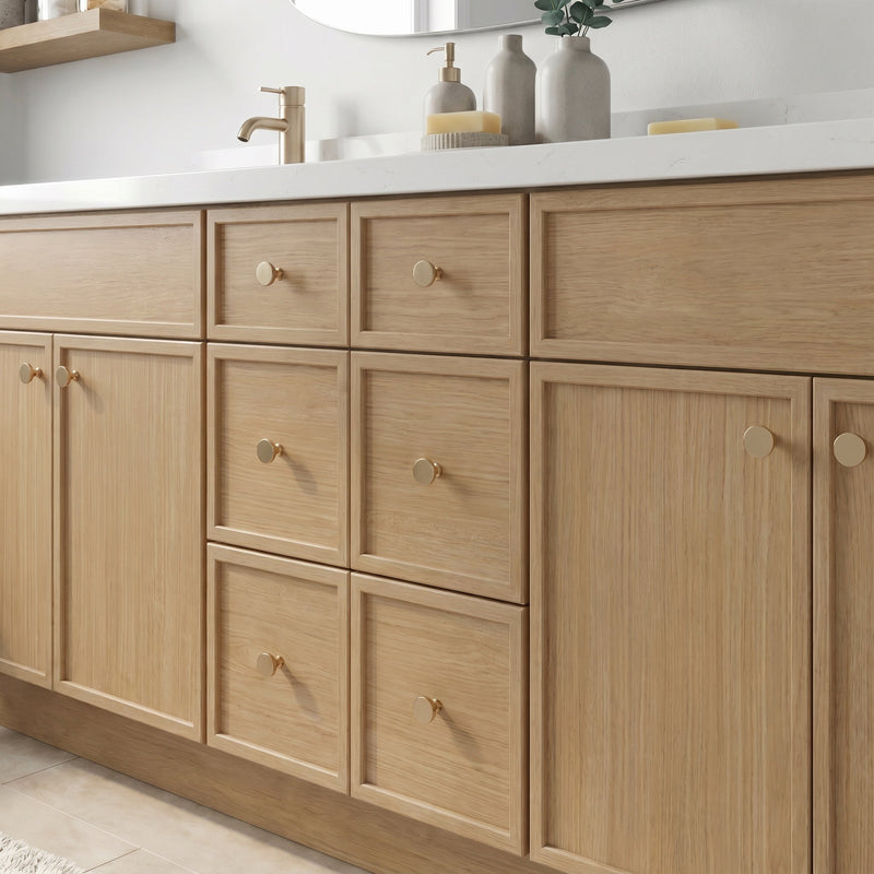 84" White Oak Slim Shaker Bathroom Vanity with Quartz Top – 6 Drawers
