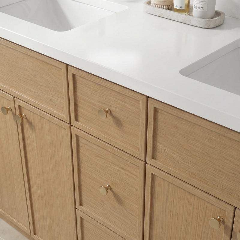 84" White Oak Slim Shaker Bathroom Vanity with Quartz Top – 9 Drawers