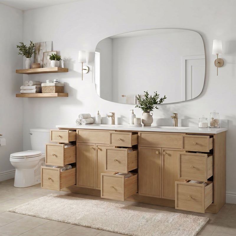 84" White Oak Slim Shaker Bathroom Vanity with Quartz Top – 9 Drawers