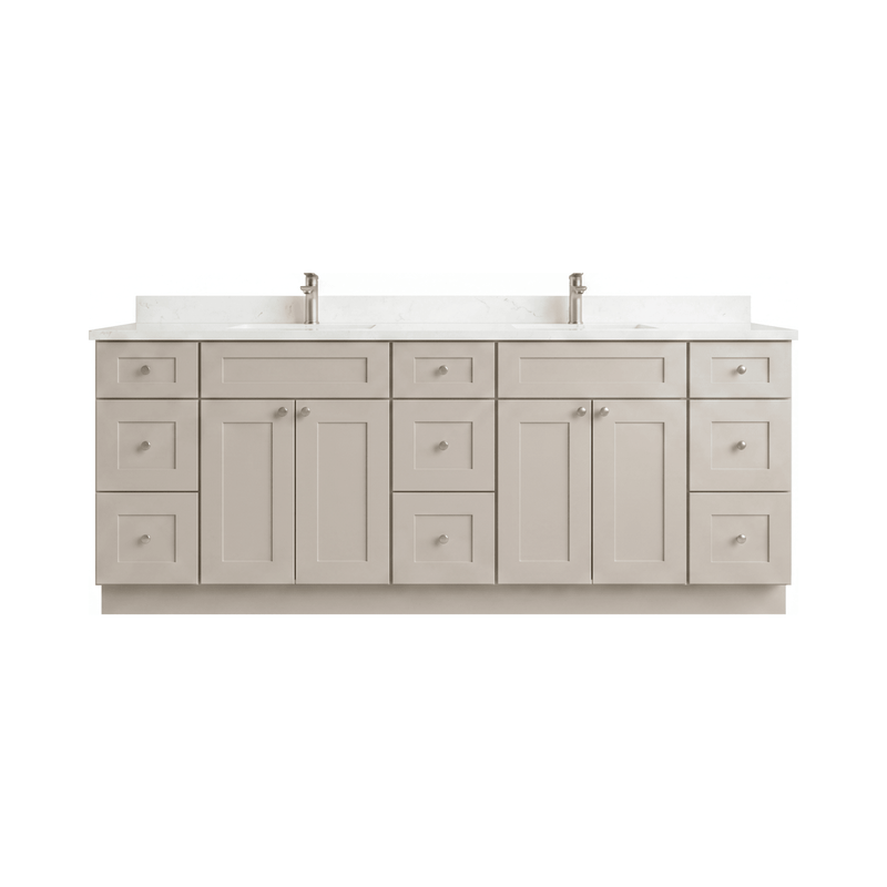 84" Taupe Shaker Bathroom Vanity with Quartz Top – 9 Drawers