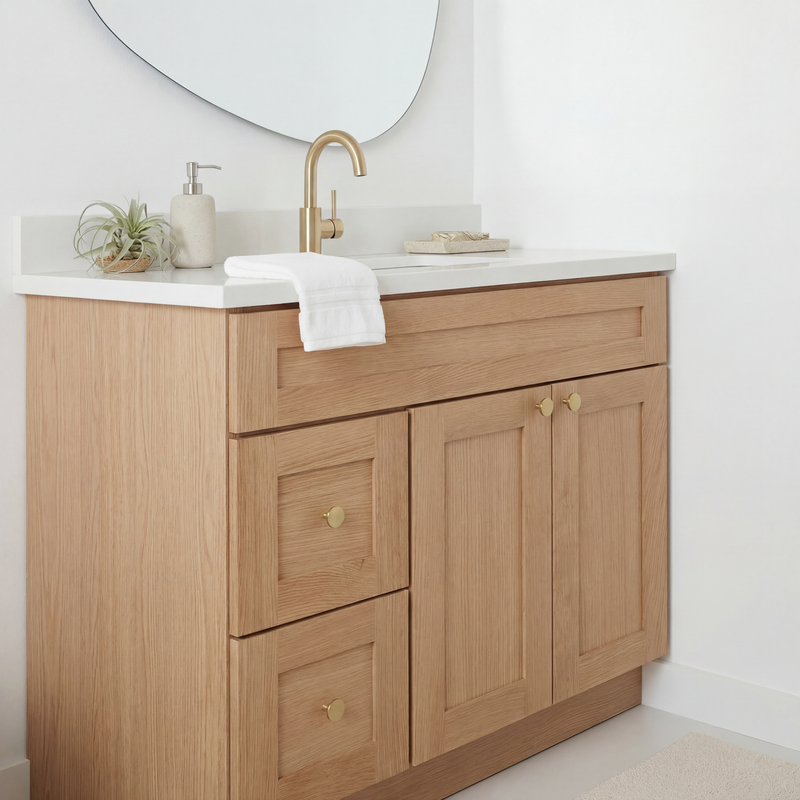 36" White Oak Shaker Bathroom Vanity with Quartz Top – Single Sink