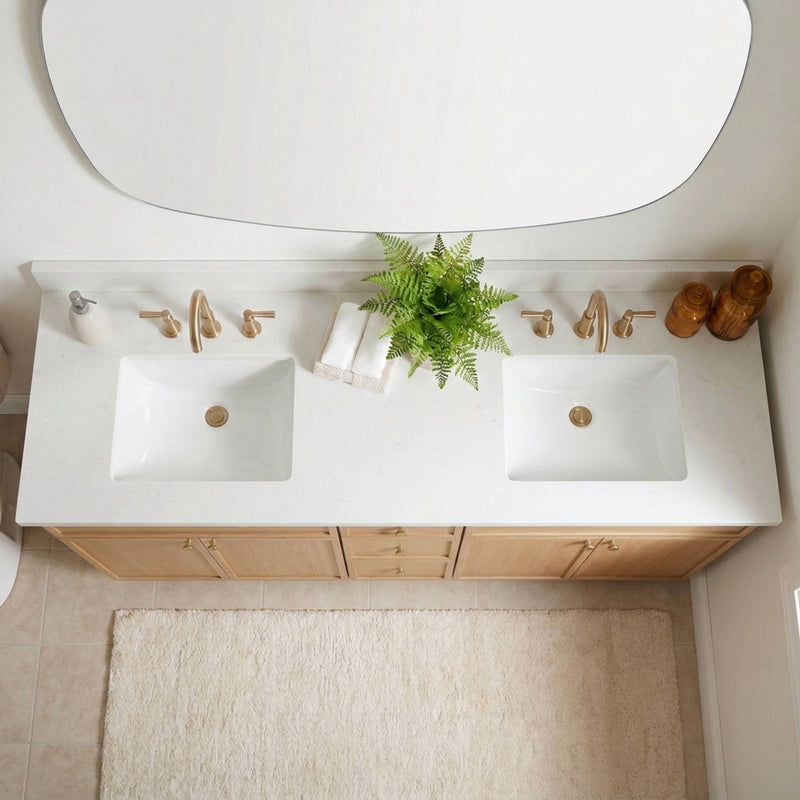72" White Oak Slim Shaker Bathroom Vanity with Quartz Top – Double Sink