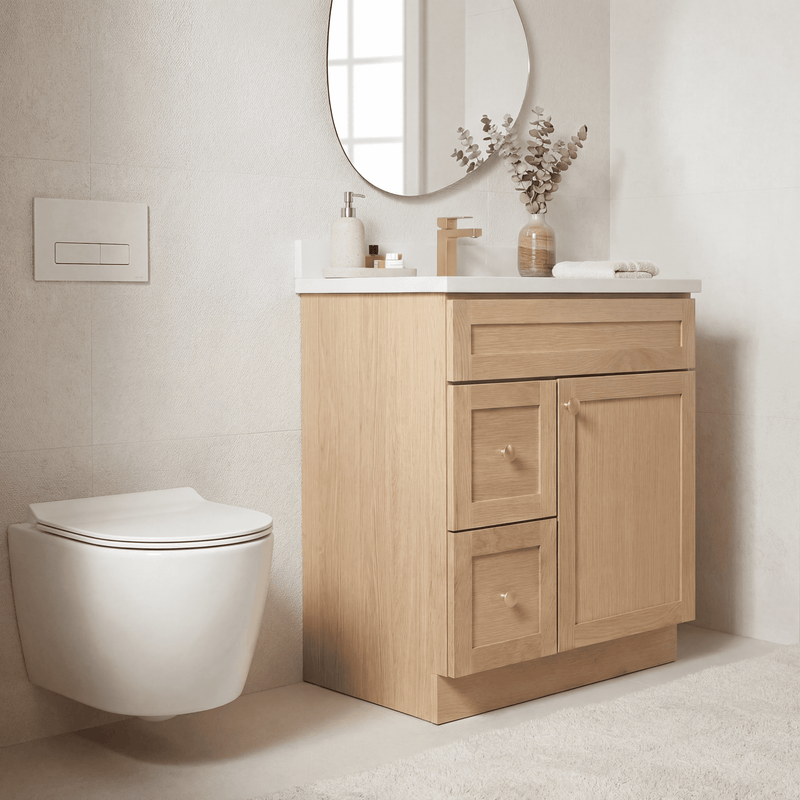 30" White Oak Shaker Bathroom Vanity with Quartz Top – Single Sink