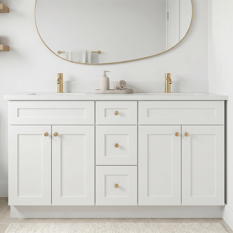 60" White Shaker Bathroom Vanity with Quartz Top – Double Sink