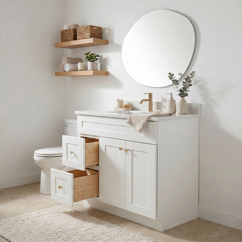 36" White Shaker Bathroom Vanity with Quartz Top – Single Sink