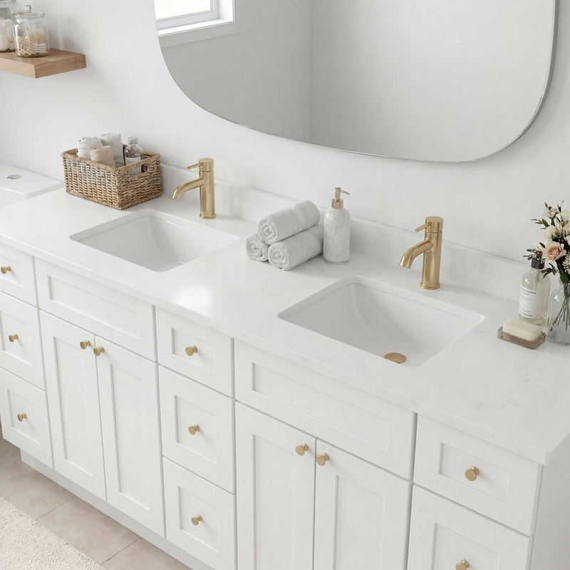 84" White Shaker Bathroom Vanity with Quartz Top – Double Sink