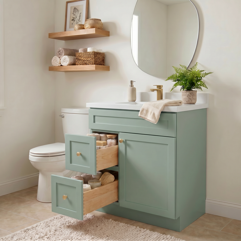 30" Olive Green Shaker Bathroom Vanity with Quartz Top – Single Sink