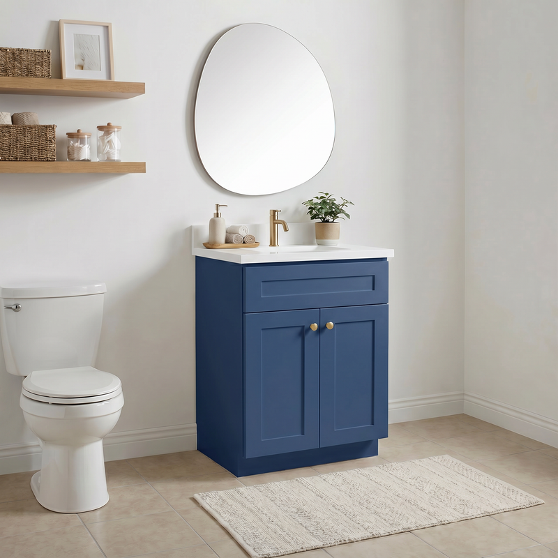 24" Navy Blue Shaker Bathroom Vanity with Quartz Top – Single Sink