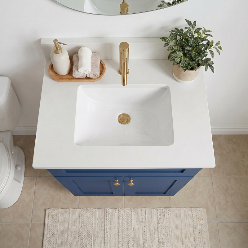 24" Navy Blue Shaker Bathroom Vanity with Quartz Top – Single Sink