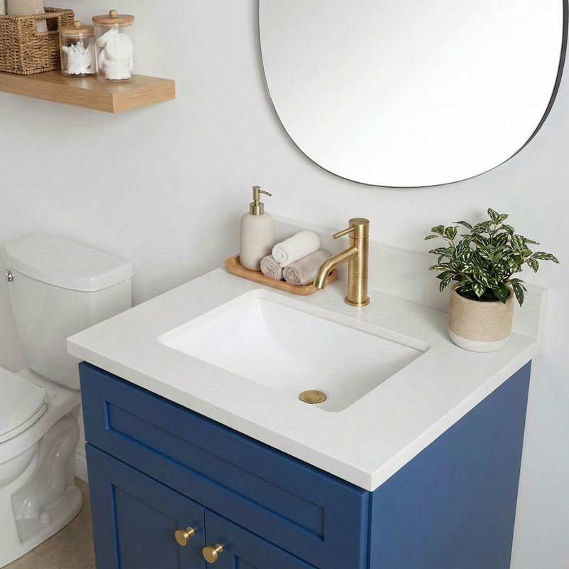 24" Navy Blue Shaker Bathroom Vanity with Quartz Top – Single Sink