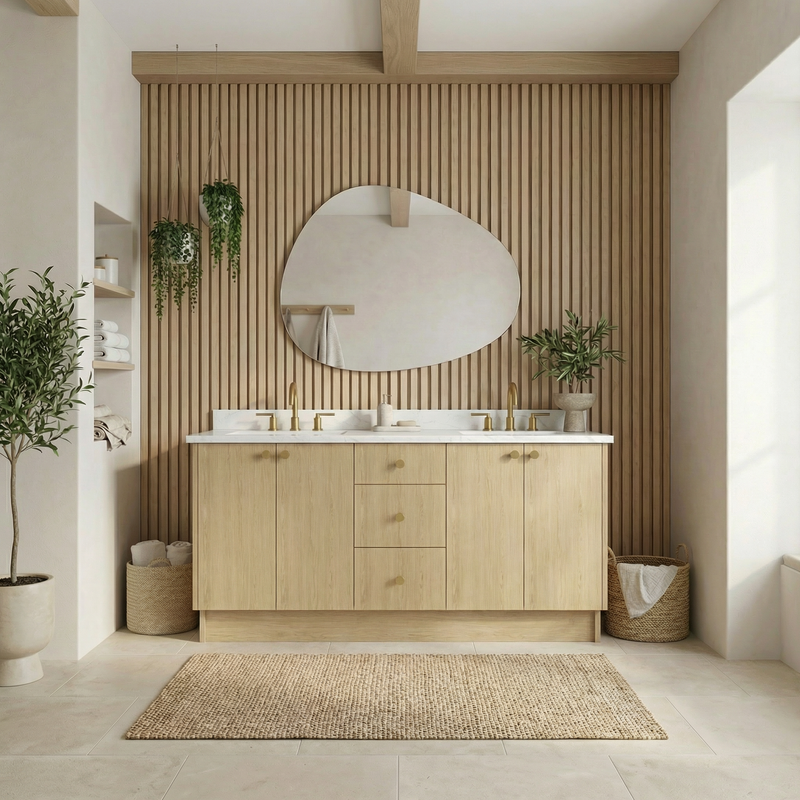 72" Ivory Oak European Vanity with Quartz Top – Double Sink