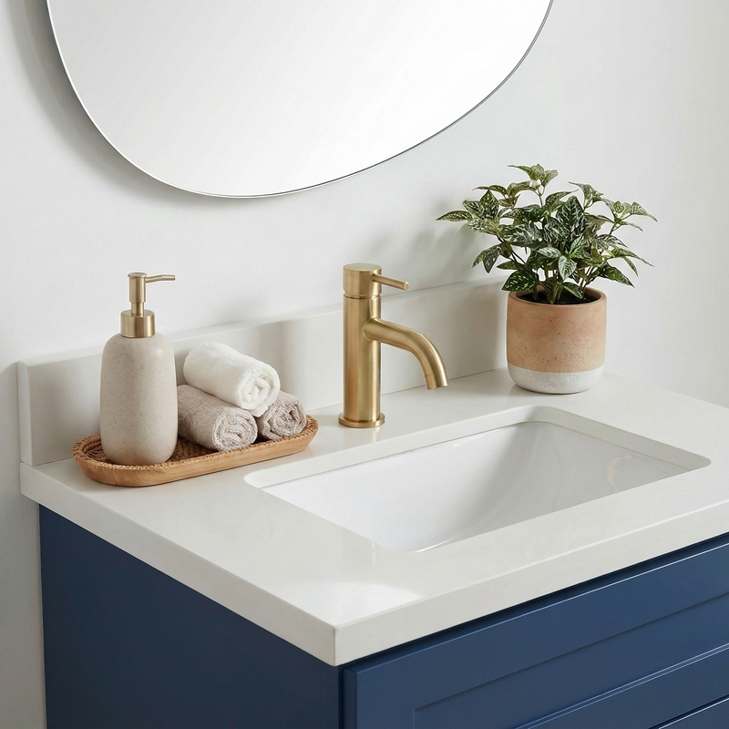 24" Navy Blue Shaker Bathroom Vanity with Quartz Top – Single Sink