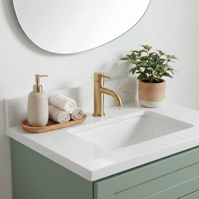 24" Olive Green Shaker Bathroom Vanity with Quartz Top – Single Sink