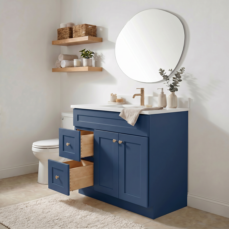 36" Navy Blue Shaker Bathroom Vanity with Quartz Top – Single Sink