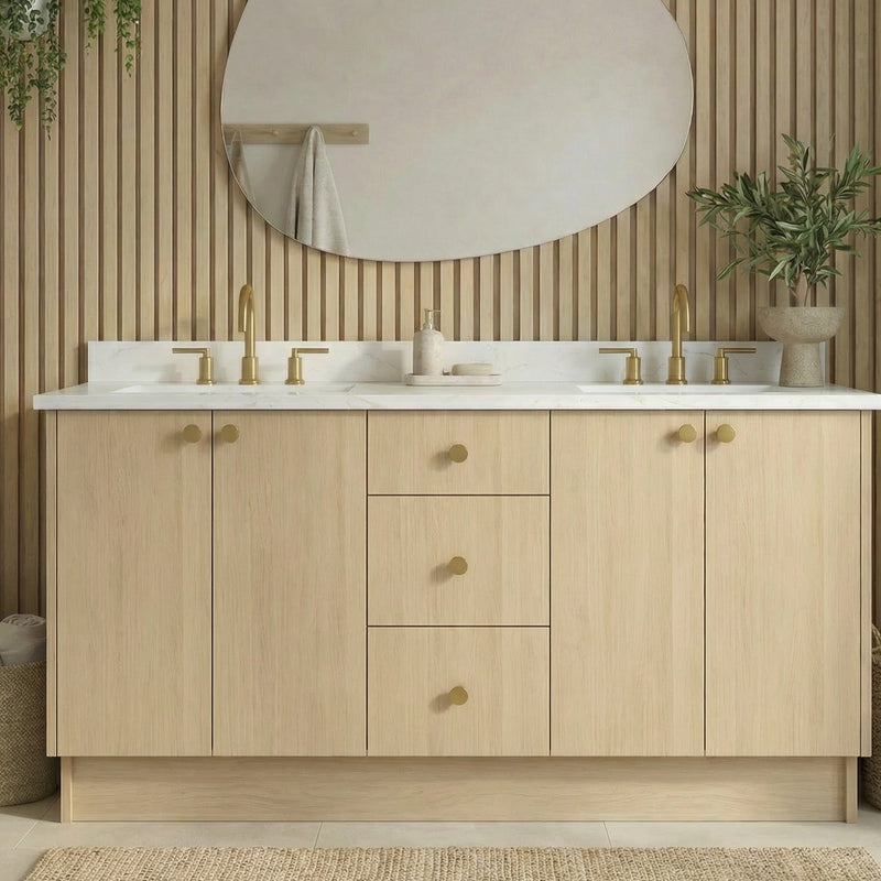 72" Milk Oak European Vanity with Quartz Top – Double Sink