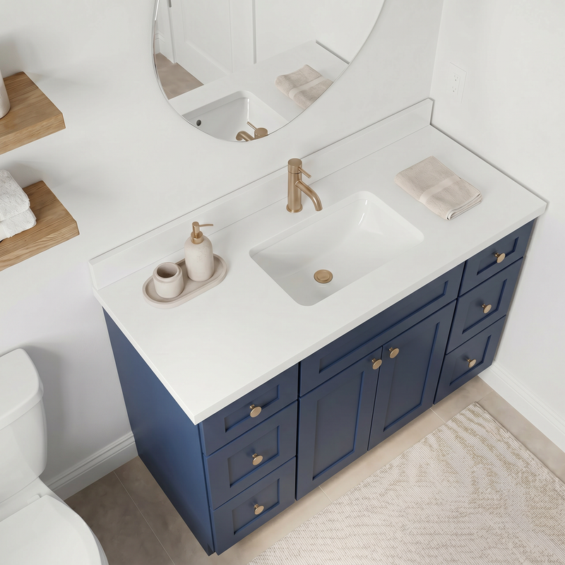 48" Navy Blue Shaker Bathroom Vanity with Quartz Top – Single Sink