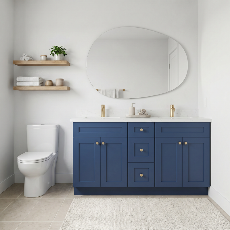 60" Navy Blue Shaker Bathroom Vanity with Quartz Top – Double Sink