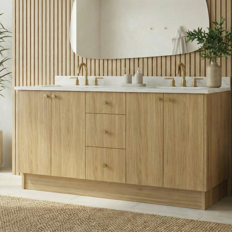 72" Natural Oak European Vanity with Quartz Top – Double Sink