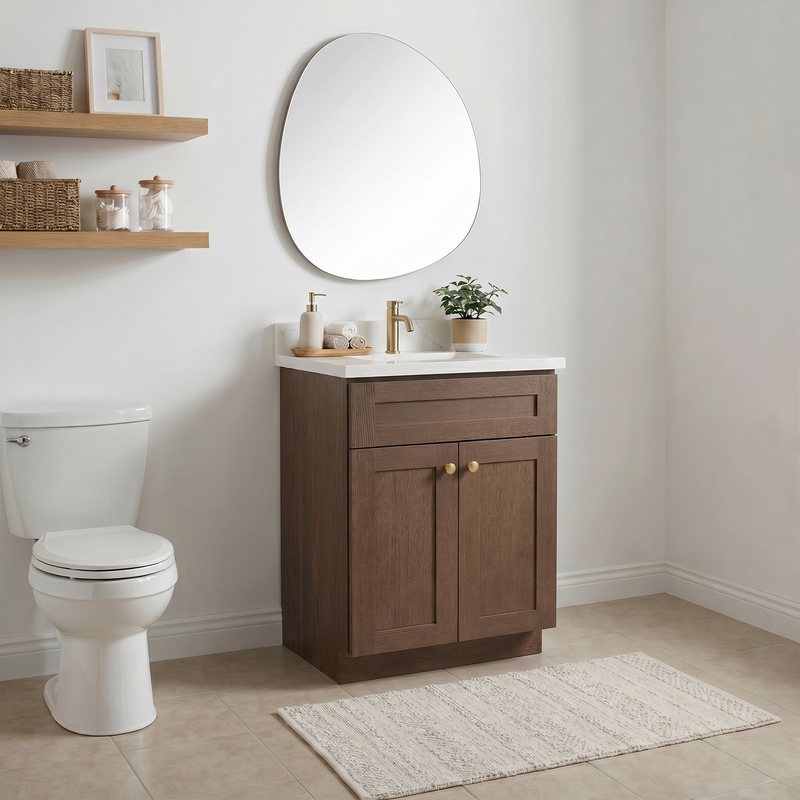 24" Coffee Bean Shaker Bathroom Vanity with Quartz Top – Single Sink