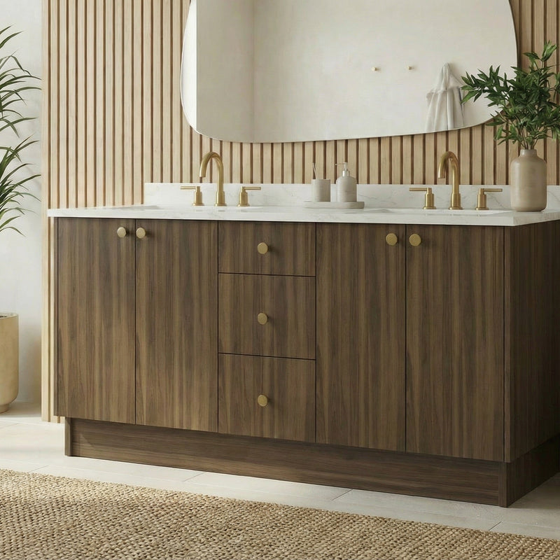 72" Smoked Walnut European Vanity with Quartz Top – Double Sink