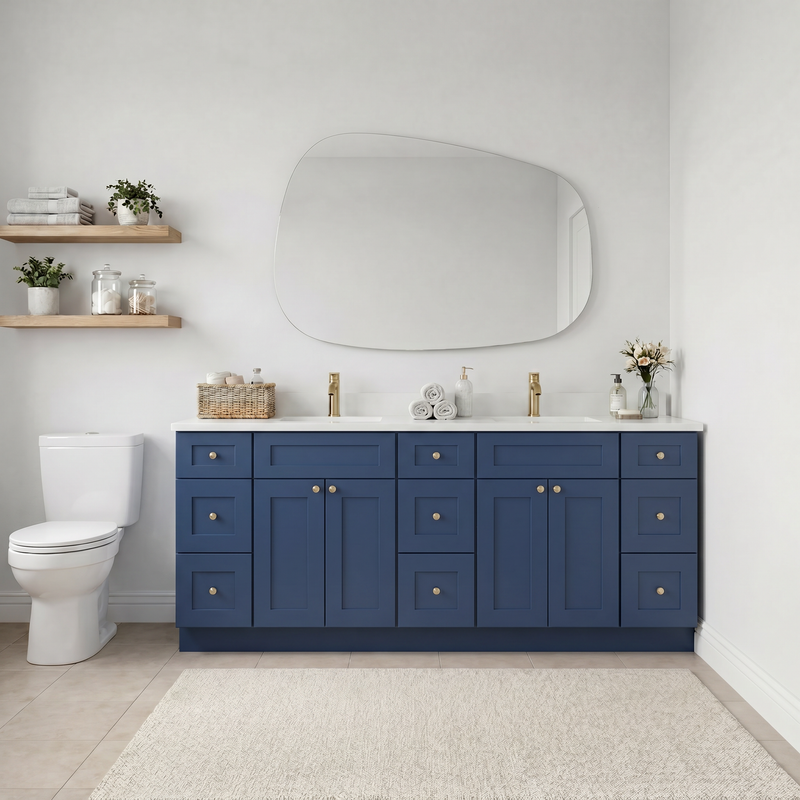 84" Navy Blue Shaker Bathroom Vanity with Quartz Top – Double Sink