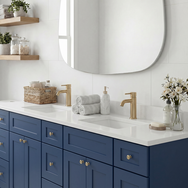 84" Navy Blue Shaker Bathroom Vanity with Quartz Top – Double Sink