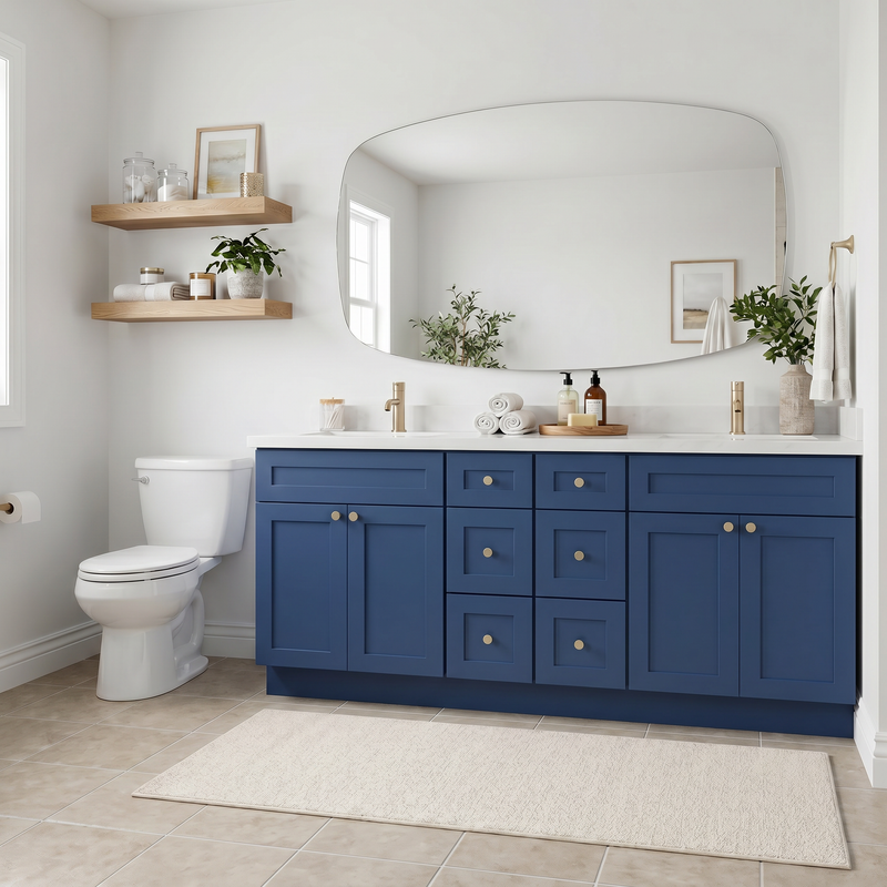 84" Navy Blue Shaker Bathroom Vanity with Quartz Top – Double Sink