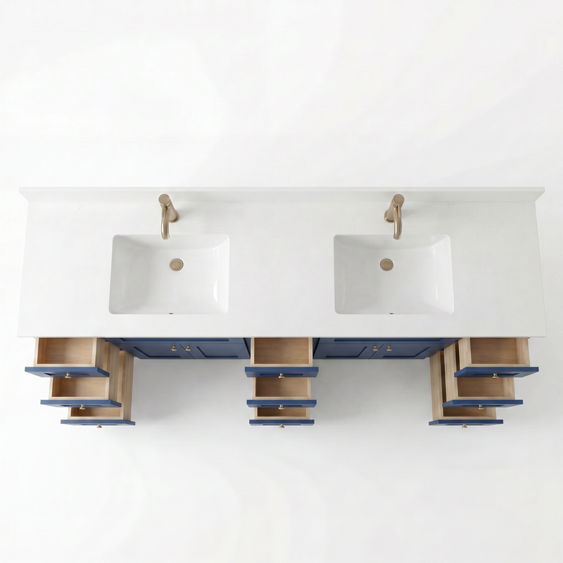 84" Navy Blue Shaker Bathroom Vanity with Quartz Top – Double Sink