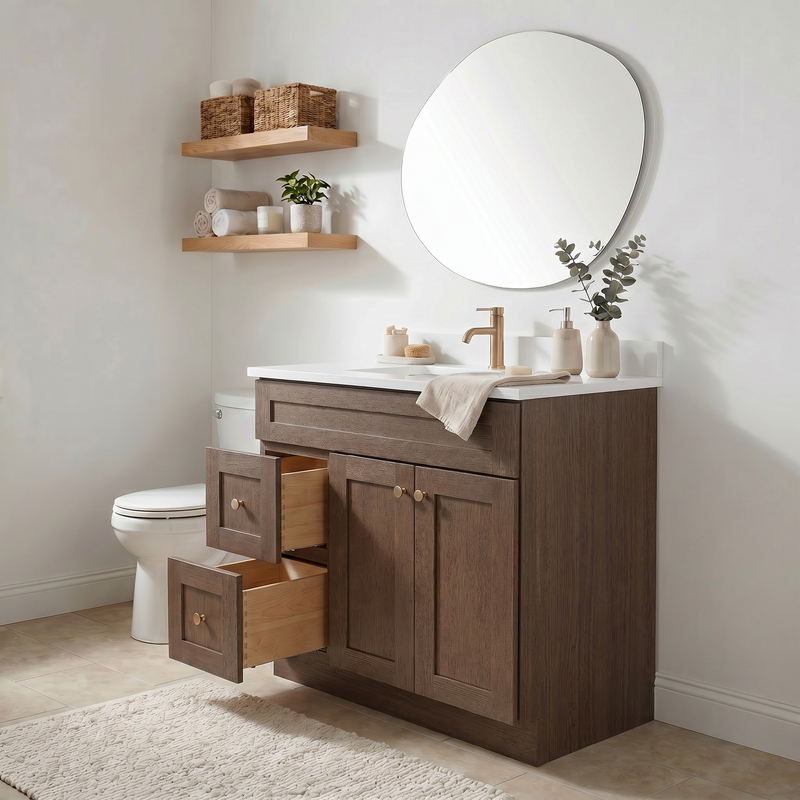 36" Coffee Bean Shaker Bathroom Vanity with Quartz Top – Single Sink