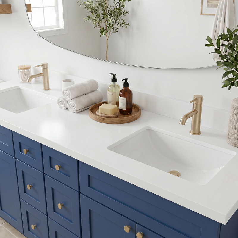 84" Navy Blue Shaker Bathroom Vanity with Quartz Top – Double Sink