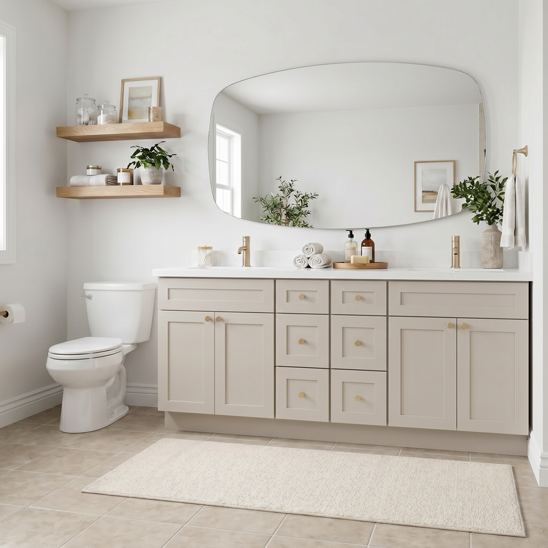84" Taupe Shaker Bathroom Vanity with Quartz Top – 6 Drawers