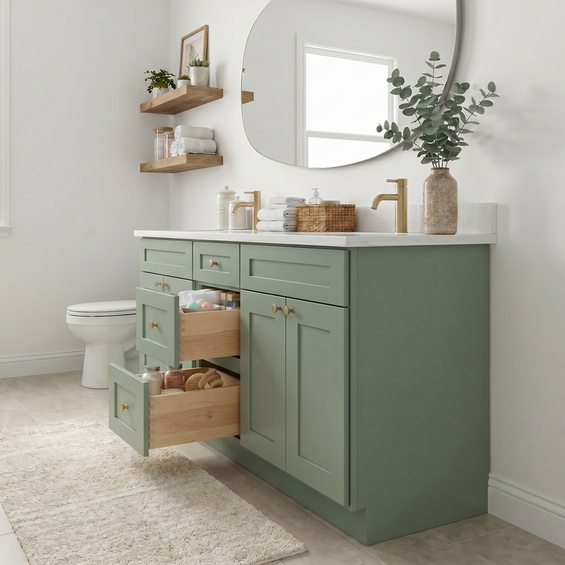 72" Olive Green Shaker Bathroom Vanity with Quartz Top – Double Sink
