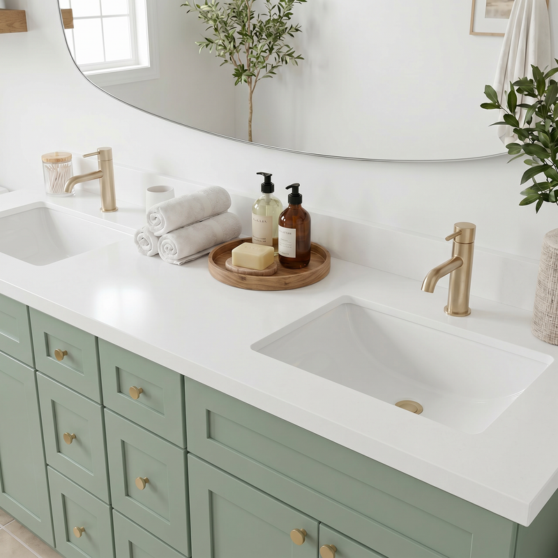 84" Olive Green Shaker Bathroom Vanity with Quartz Top – Double Sink