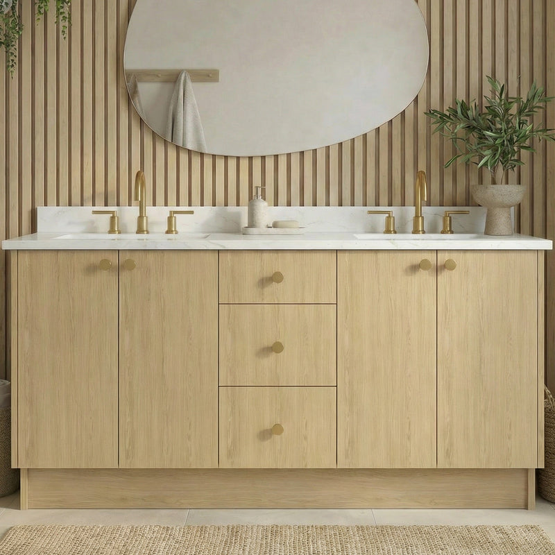 72" Ivory Oak European Vanity with Quartz Top – Double Sink