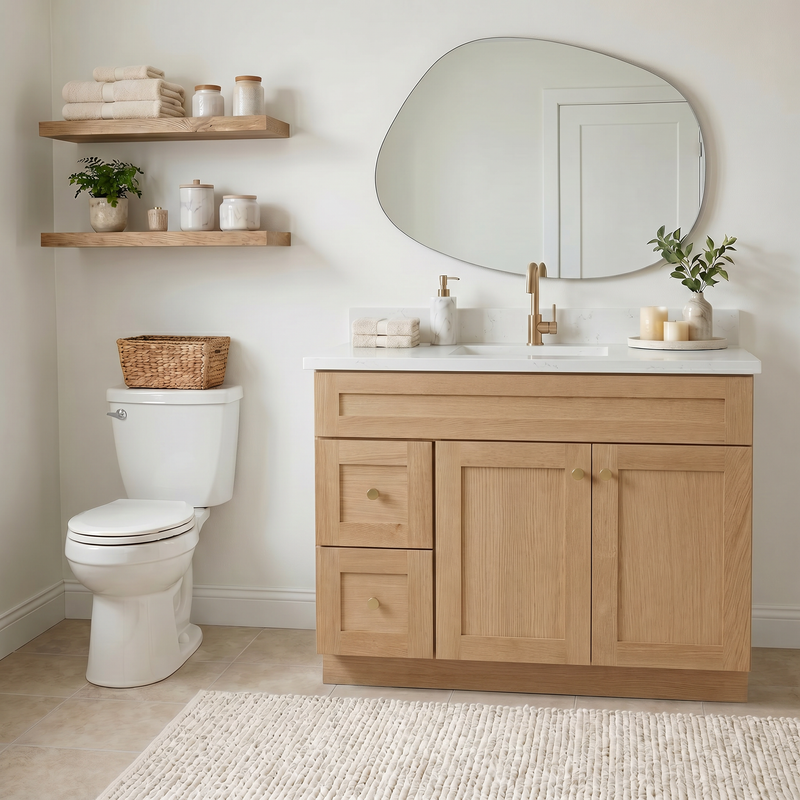 42" White Oak Shaker Bathroom Vanity with Quartz Top – Single Sink
