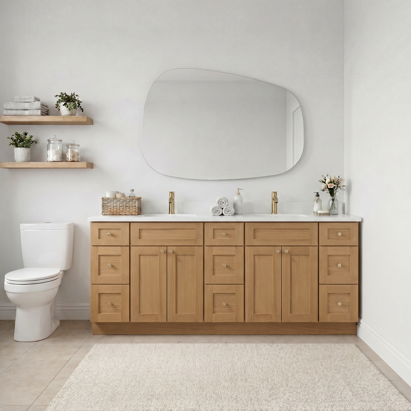 84" White Oak Shaker Bathroom Vanity with Quartz Top – Double Sink