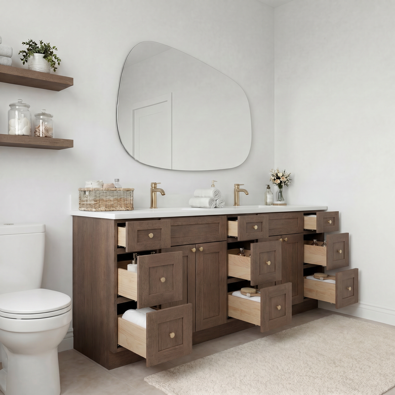 84" Coffee Bean Shaker Bathroom Vanity with Quartz Top – Double Sink